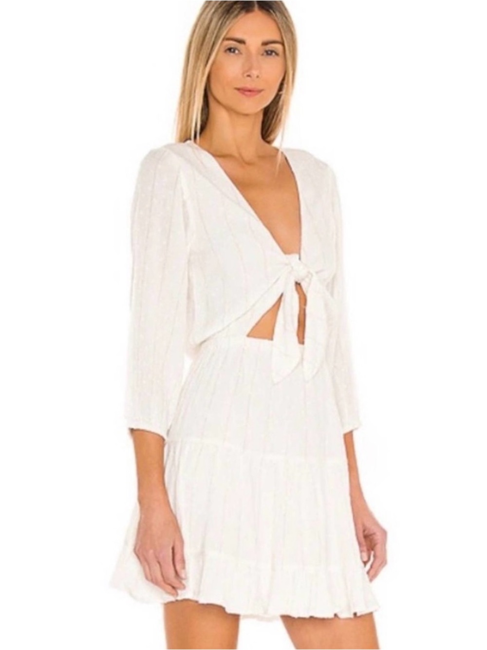 L Space Stay Golden Mini Dress White Tie Front V-Neck Sz M Glam Chic Party